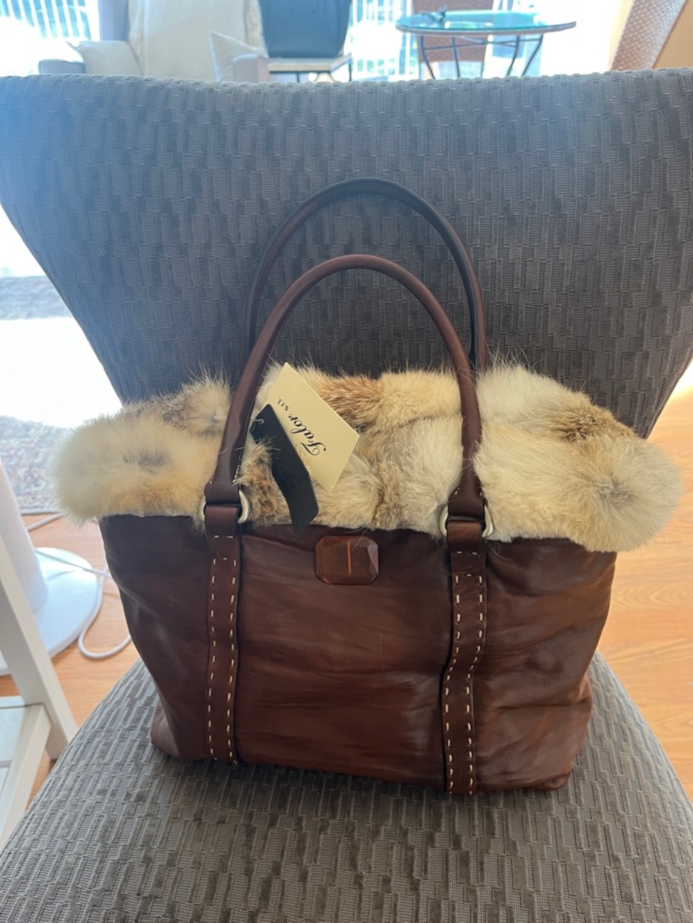 NWT Falor Handbag Genuine Leather Fox fur Greece Italy